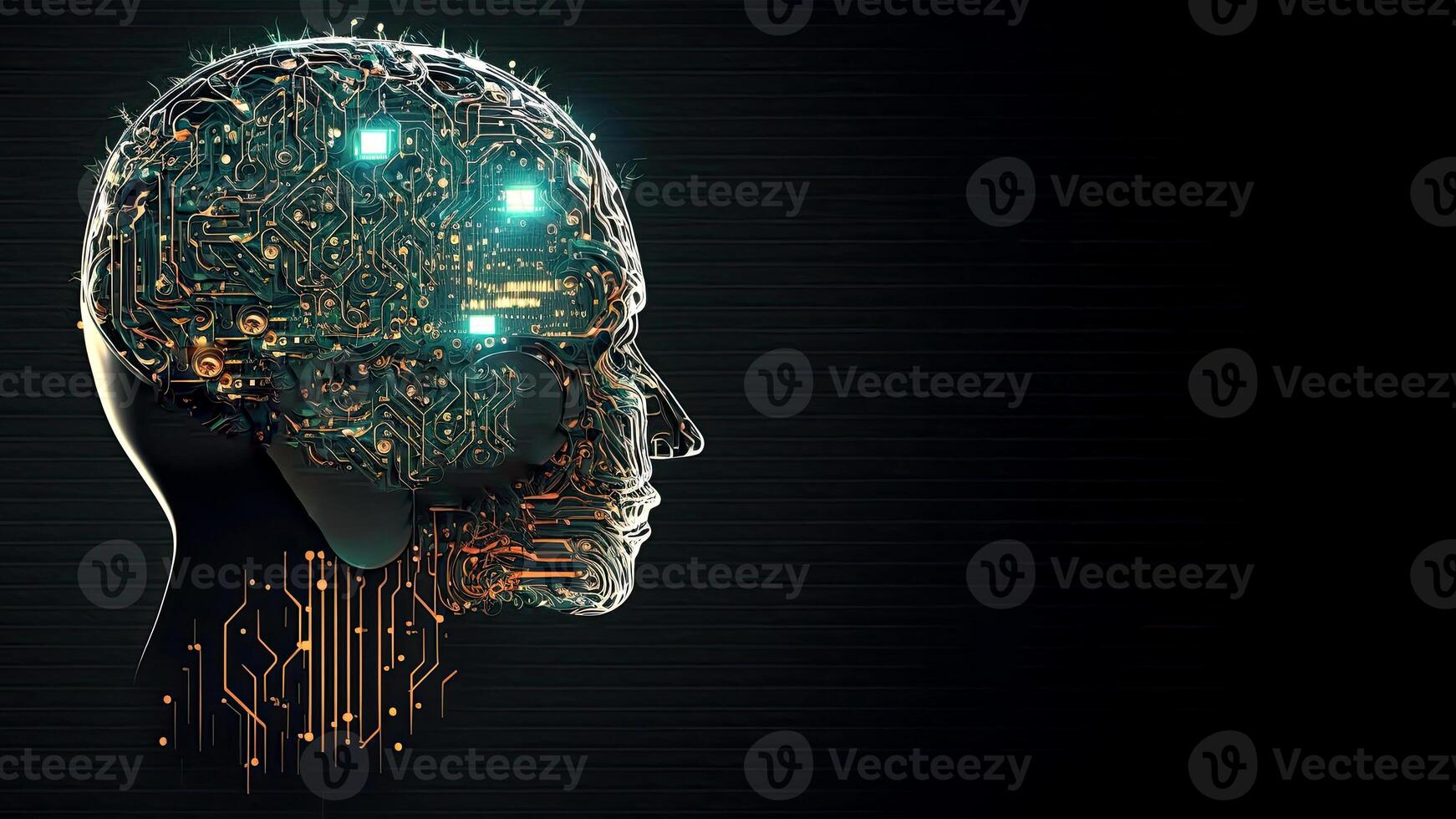 Artificial Intelligence in Humanoid Head with Neural Network, Digital Brain Learning Processing Big Data. Face of Cyber Mind. Technology and Space for Your Message. photo