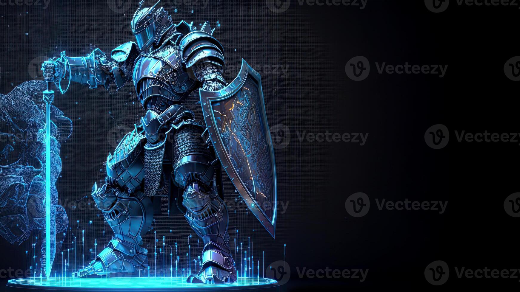 A Cyborg Holding a Futuristic Sword, Shield on Dark Background and Copy space. . photo