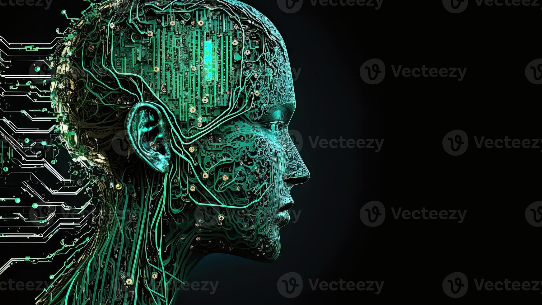 Artificial Intelligence in Humanoid Head with Neural Network, Digital Brain Learning Processing Big Data. Face of Cyber Mind. Technology and Space for Your Message. photo