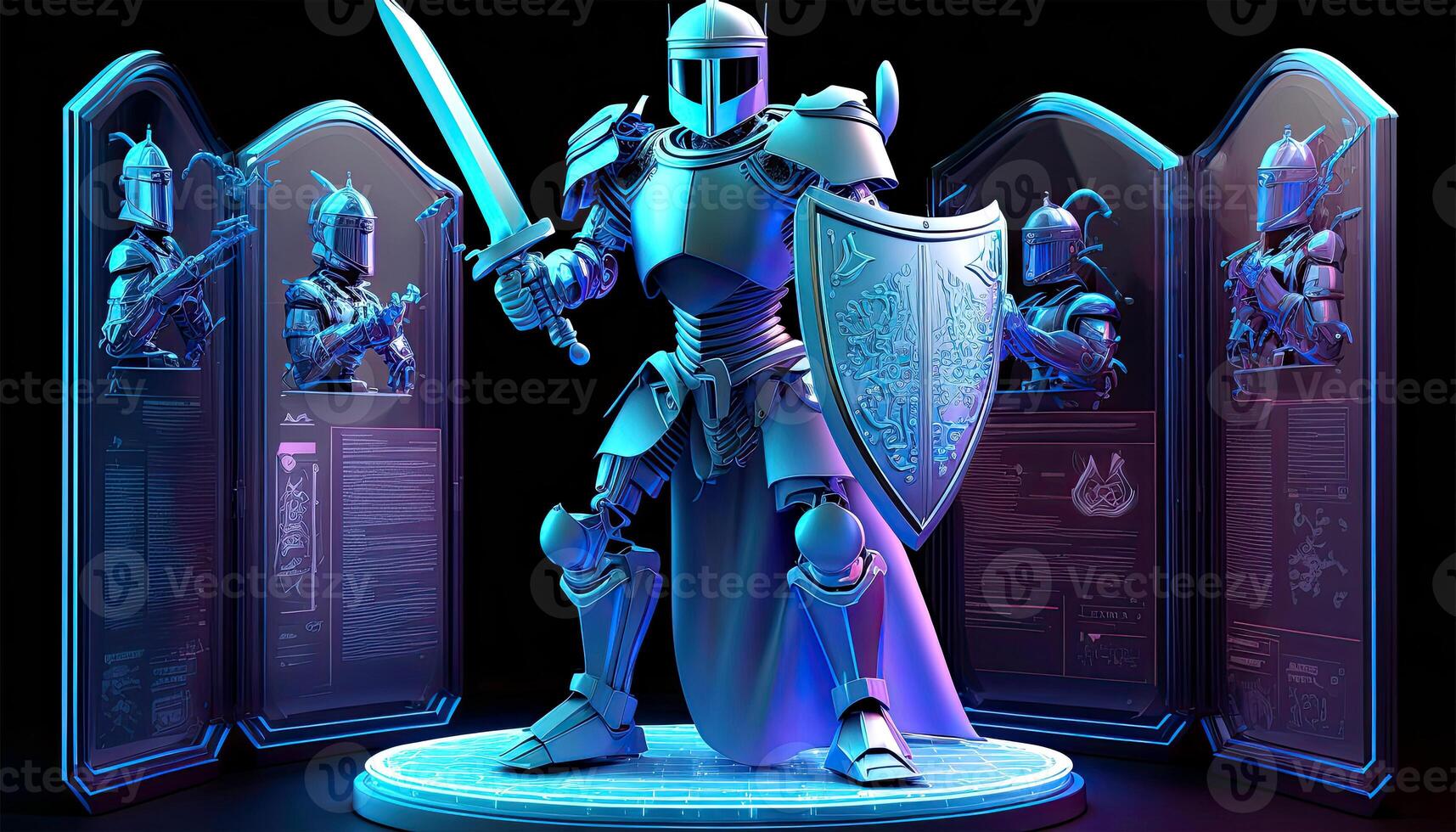 Cyborg Avatar with Weapon, Holographic Screen on Dark Background. . photo