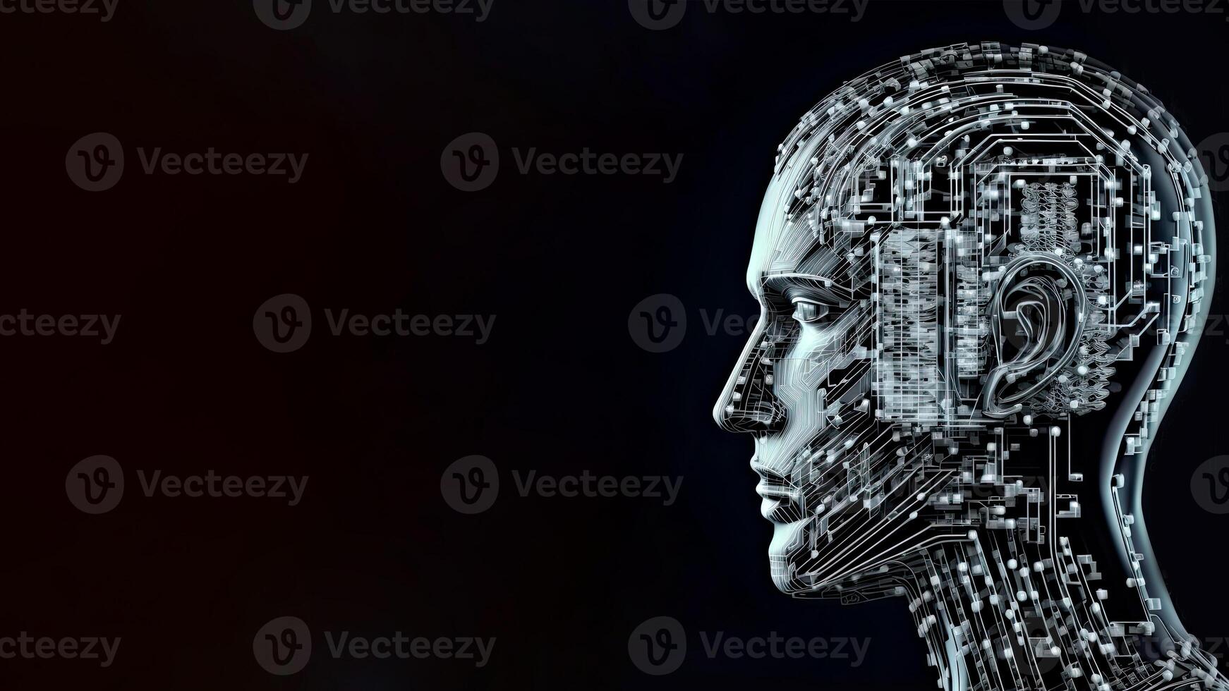 Artificial Intelligence in Humanoid Head with Neural Network, Digital Brain Learning Processing Big Data. Face of Cyber Mind. Technology and Space for Your Message. photo