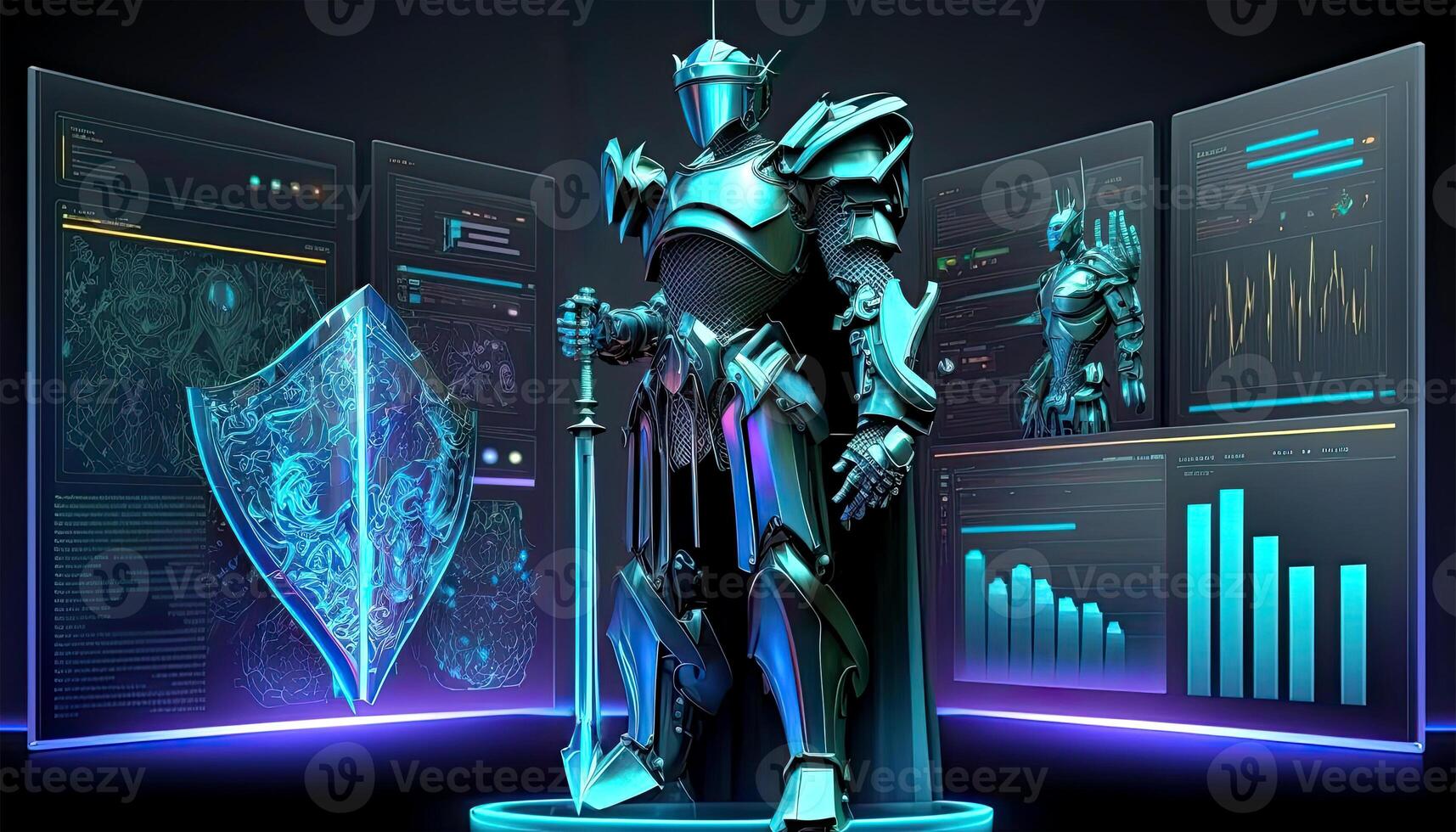 A Cyborg Holding a Futuristic Sword with Holographic Virtual Screen on Dark Background. . photo
