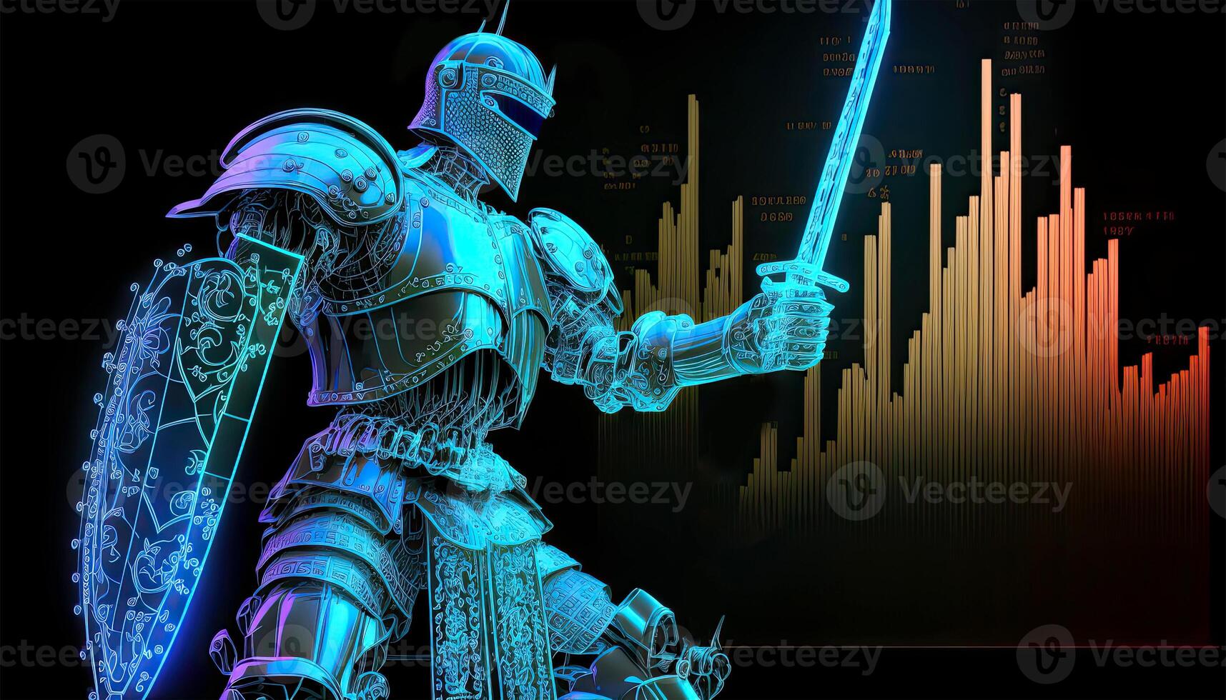 Side View of Cyborg Holding a Futuristic Sword, Holographic Screen on Dark Background. . photo