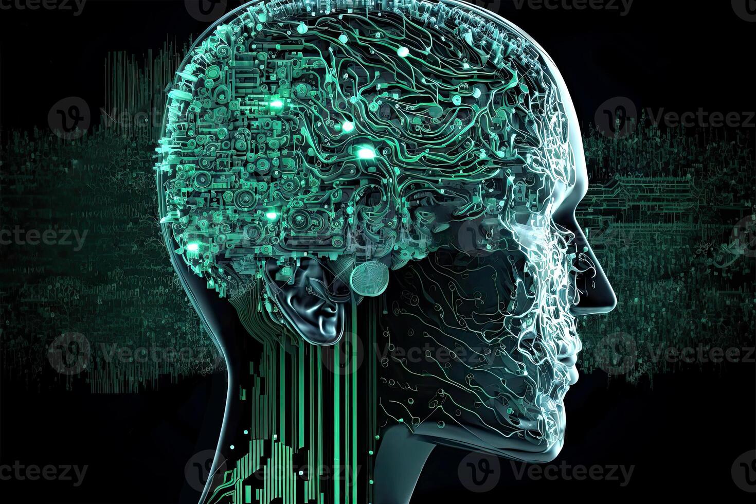 Artificial Intelligence in Humanoid Head with Neural Network, Digital Brain Learning Processing Big Data. Face of Cyber Mind. Technology and Space for Your Message. photo