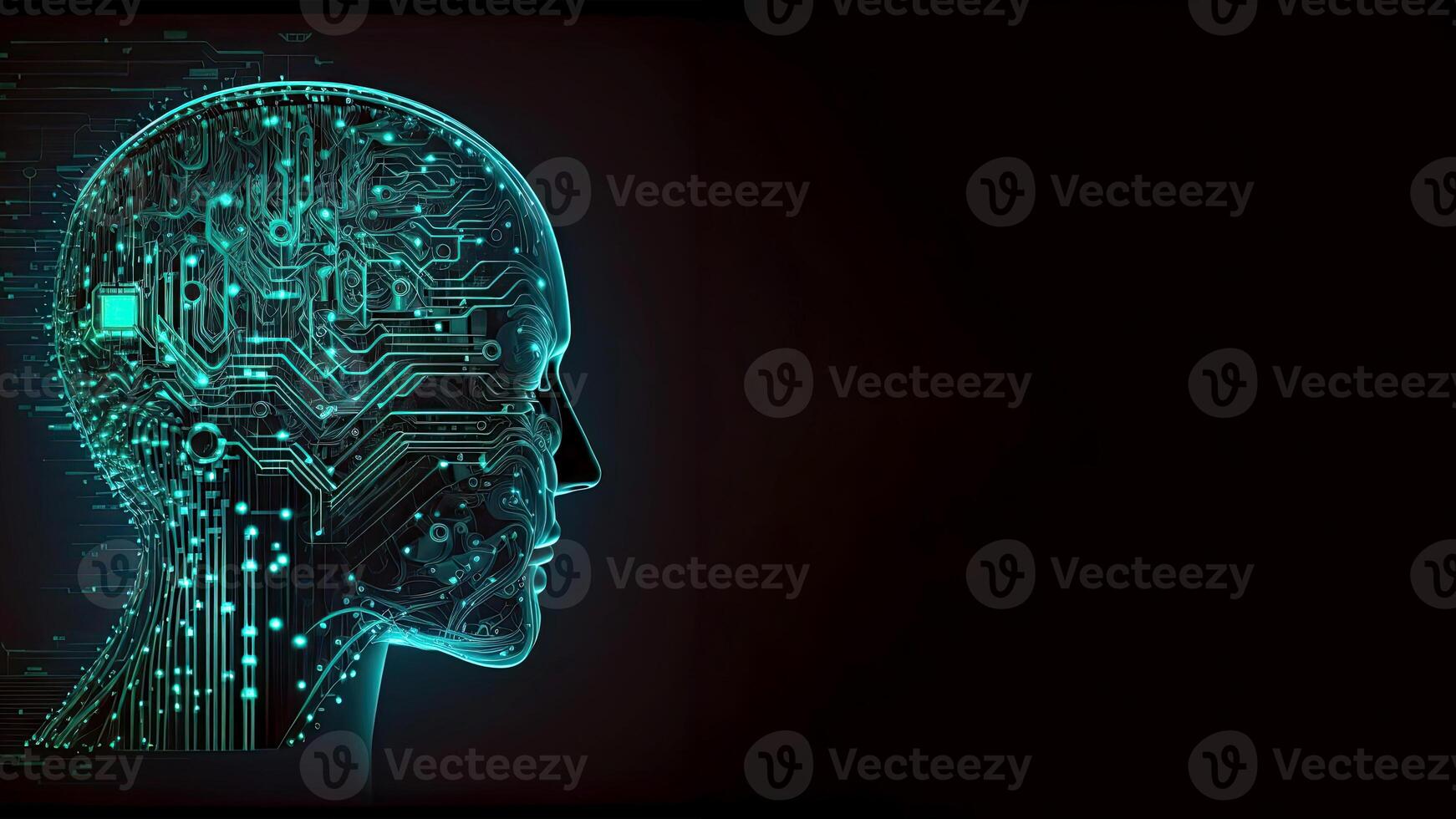 Artificial Intelligence in Humanoid Head with Neural Network, Digital Brain Learning Processing Big Data. Face of Cyber Mind. Technology and Space for Your Message. photo