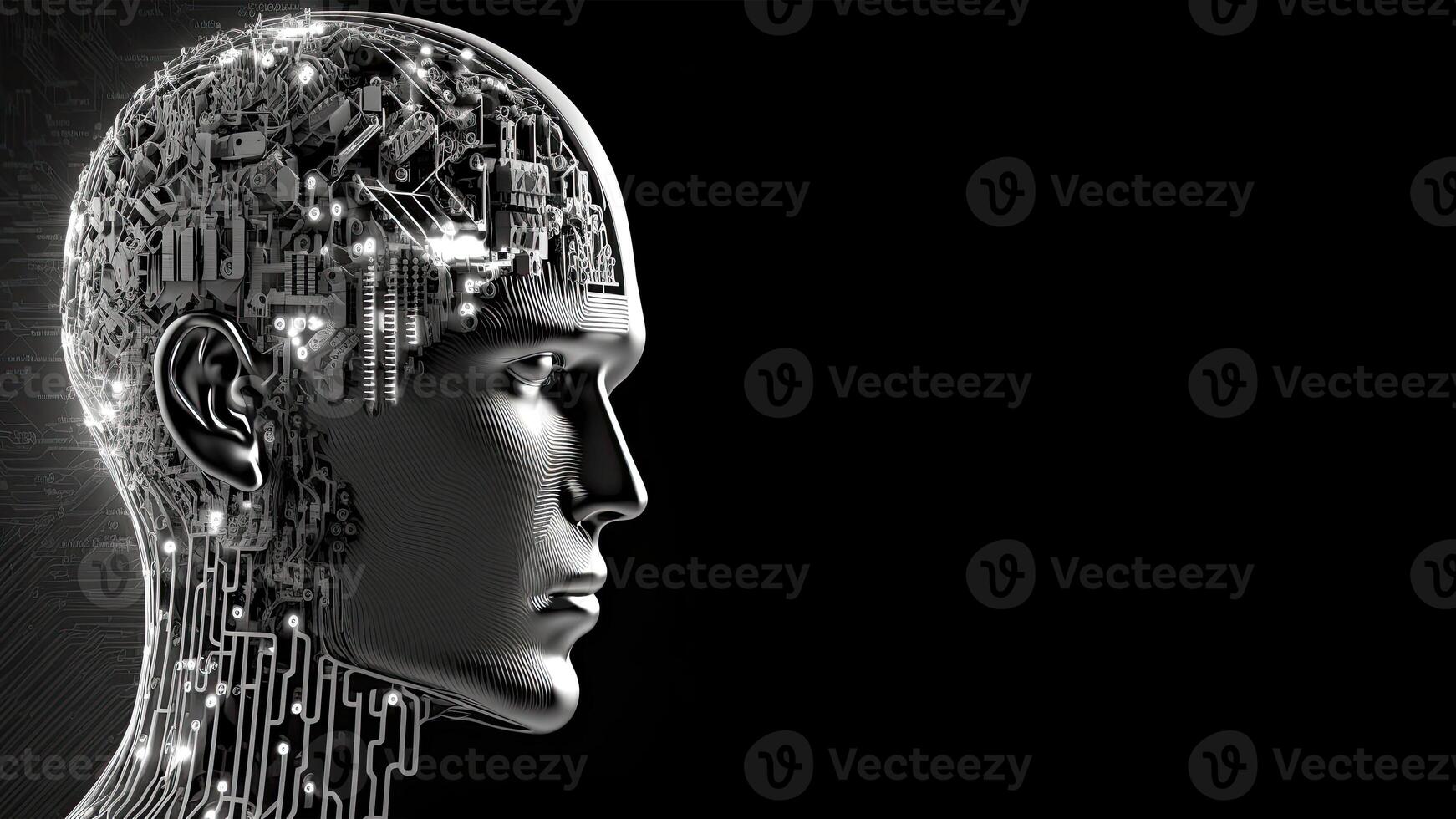 Artificial Intelligence in Humanoid Head with Neural Network, Digital Brain Learning Processing Big Data. Face of Cyber Mind. Technology and Space for Your Message. photo