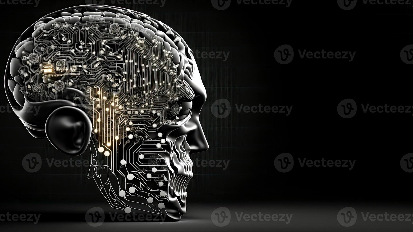 artificial inteligencia en humanoide cabeza con neural red, digital cerebro aprendizaje Procesando grande datos. cara de ciber mente. generativo ai tecnología y espacio para tu mensaje. foto