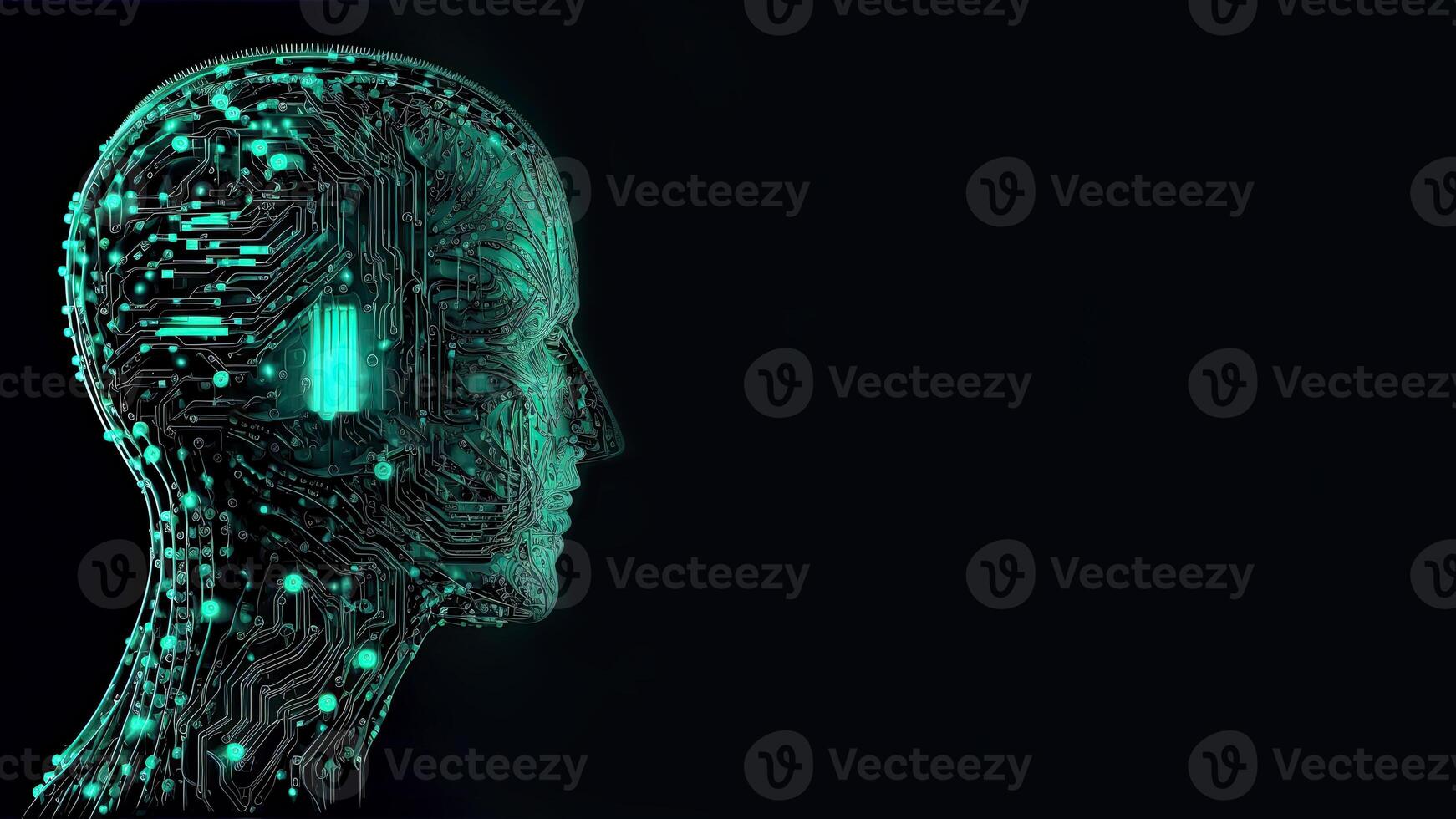 Artificial Intelligence in Humanoid Head with Neural Network, Digital Brain Learning Processing Big Data. Face of Cyber Mind. Technology and Space for Your Message. photo