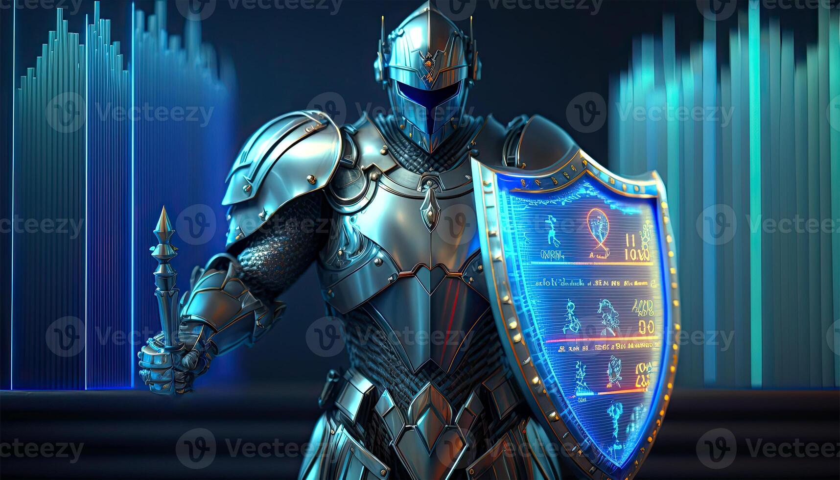 A Cyborg Holding a Futuristic Sword with Shield, Holographic Screen on Dark Background. Illustration. photo