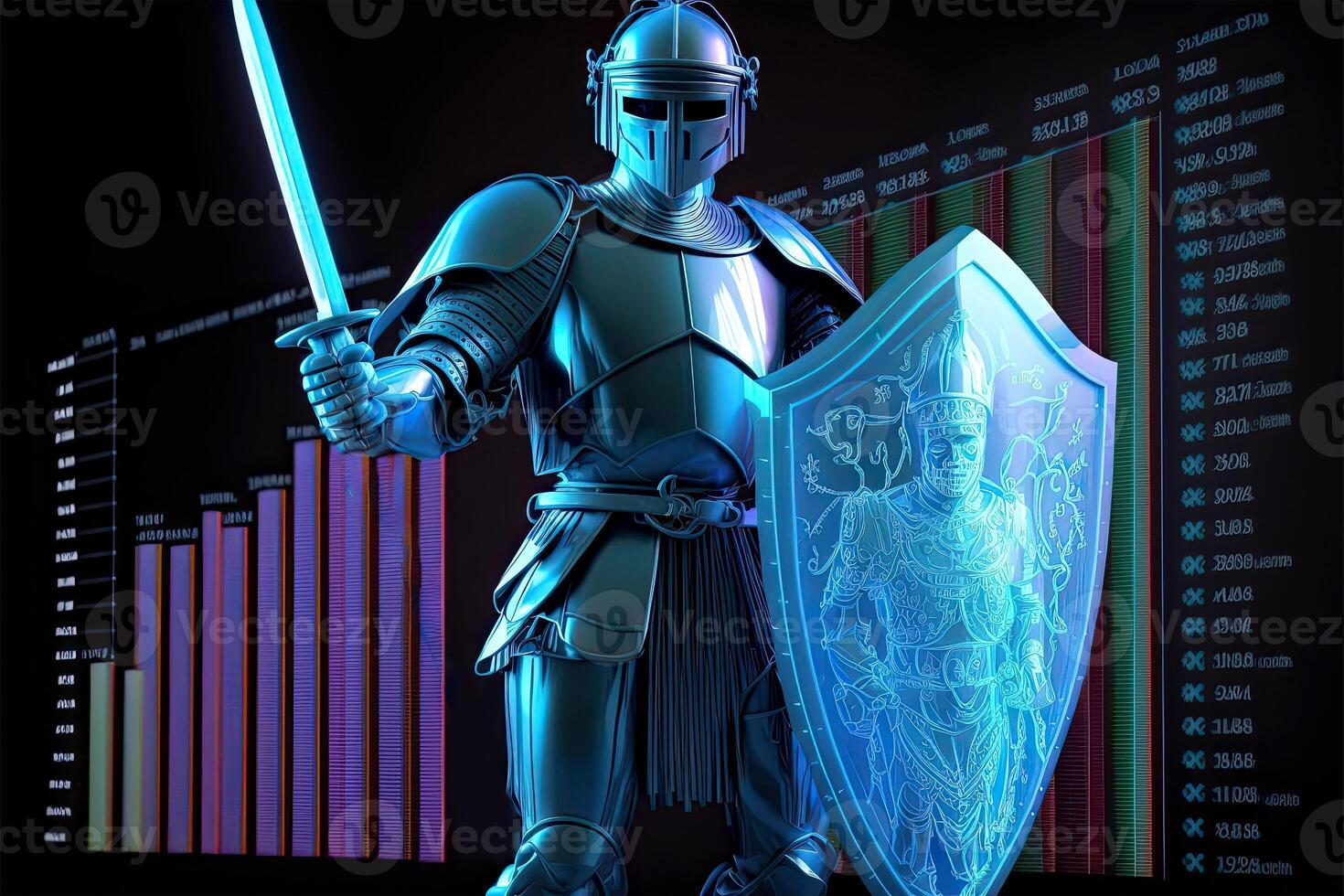 A Cyborg Holding a Futuristic Sword with Shield, Holographic Screen on Dark Background. Illustration. photo