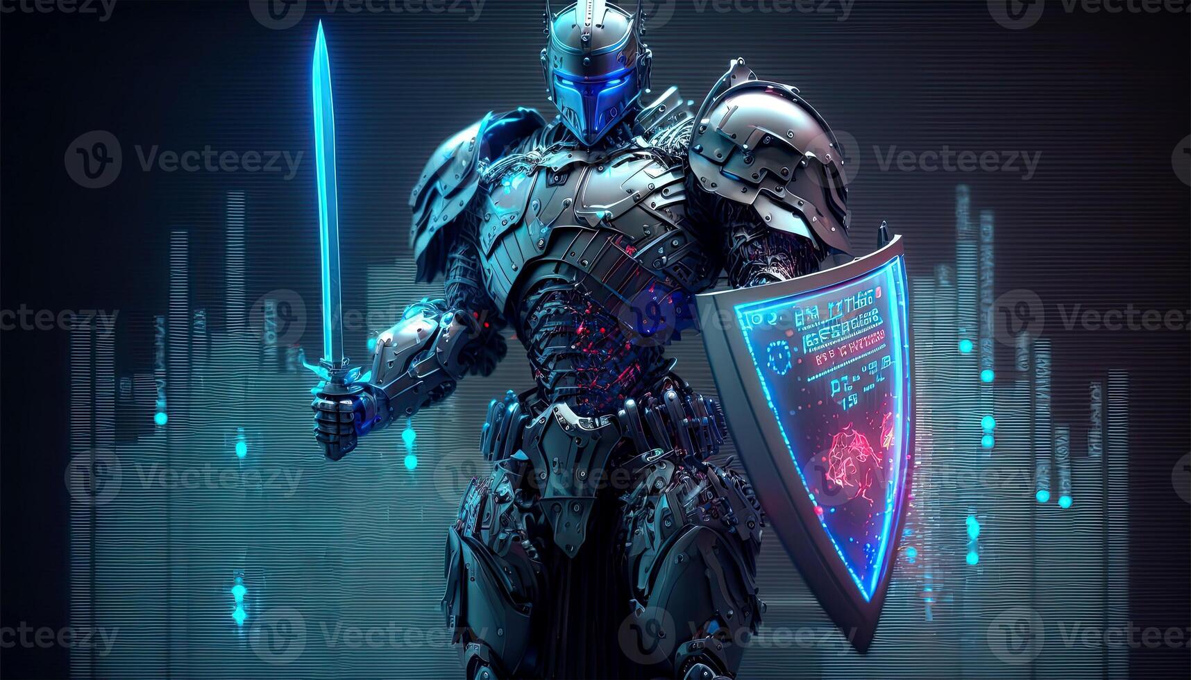 A Cyborg Holding a Futuristic Sword with Shield, Holographic Screen on Dark Background. Illustration. photo