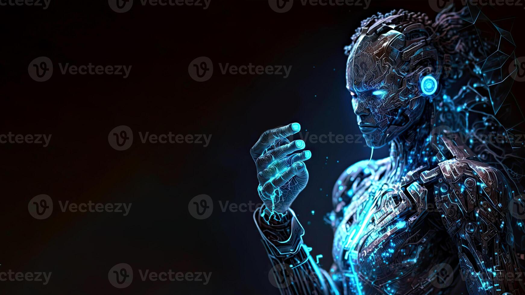 A Female Cyborg 3D illustration with Dramatic Futuristic Blue Lighting in an Action Position. Banner Design with Copy Space. . photo