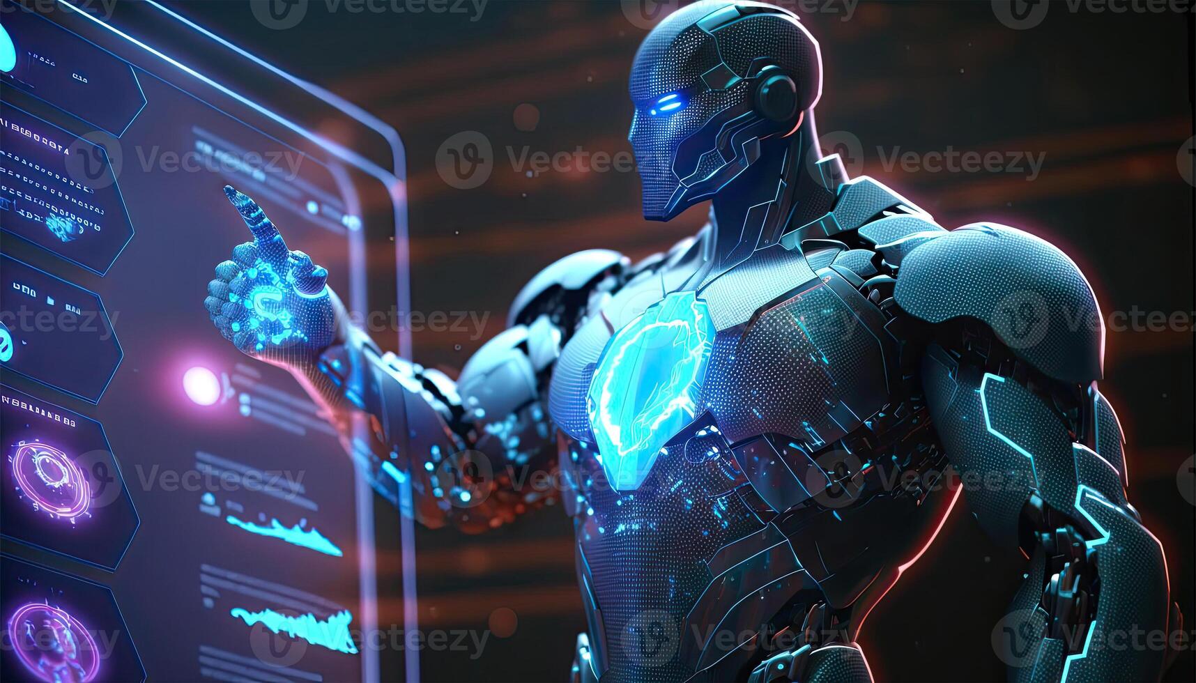 Cyborg Operating Information on Hologram Screen Showing Big Data. Artificial intelligence and Machine Learning Process Illustration. photo