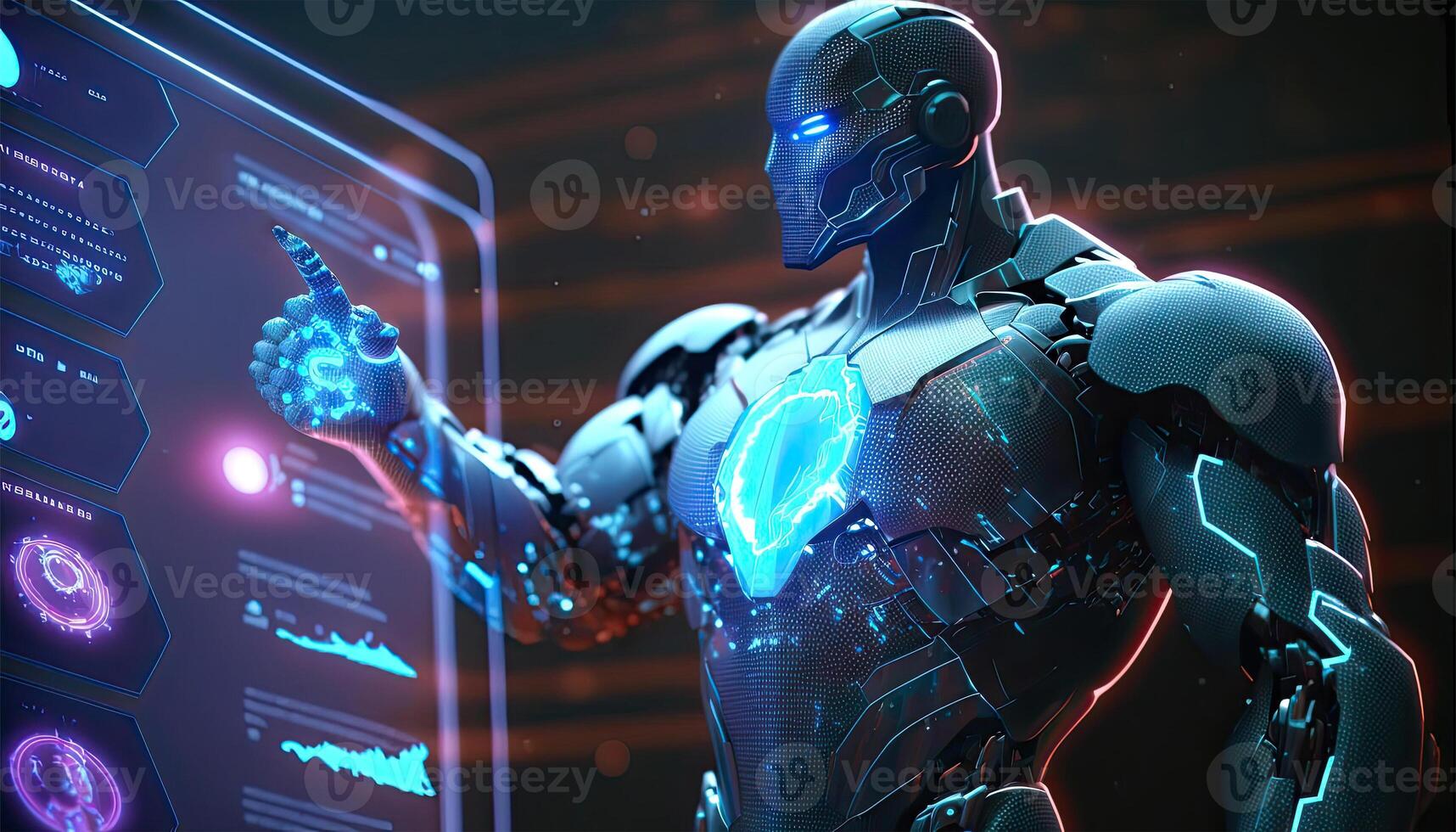 Cyborg Operating Information on Hologram Screen Showing Big Data. Artificial intelligence and Machine Learning Process Generative AI Illustration. photo