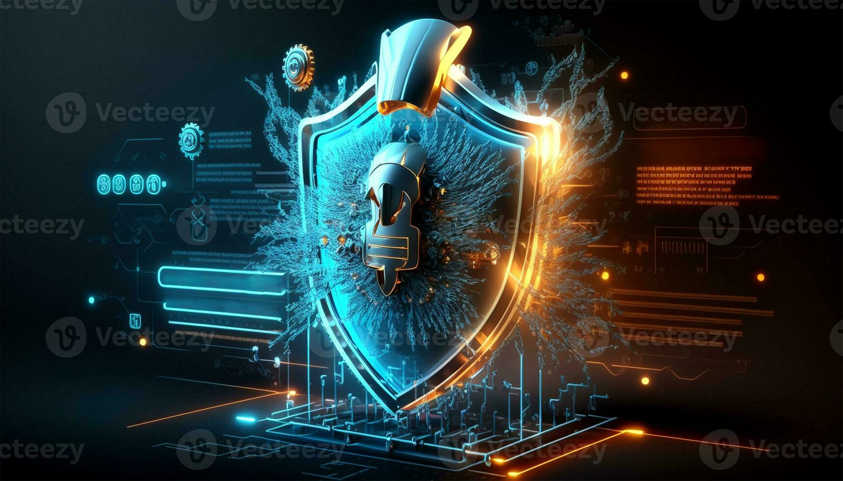 Visually Attractive Backdrop of Shield Lock Hologram Screen on a Circuit Board and Network Connection Wire Frame with Privacy Information in this Abstract Cyberart. photo