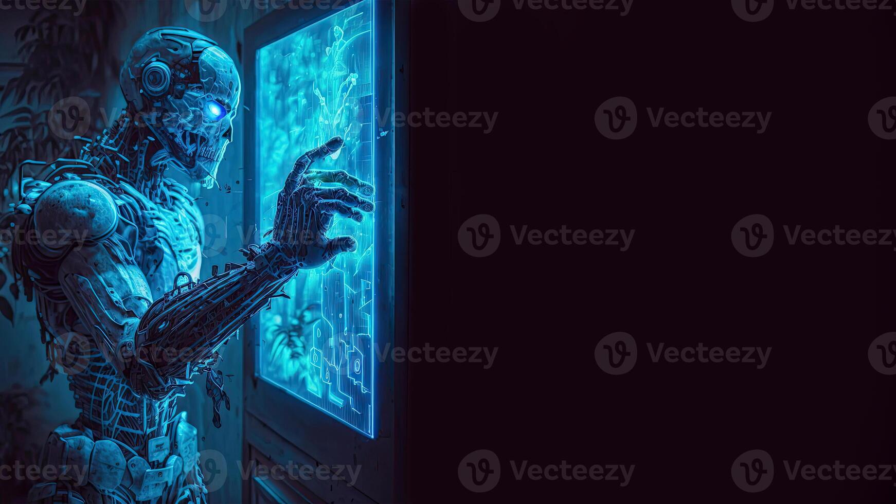 Robot operating virtual interface and manipulating elements with robotic hand. Blue holographic screen artificial intelligence concept. Robots control people in the near future. photo