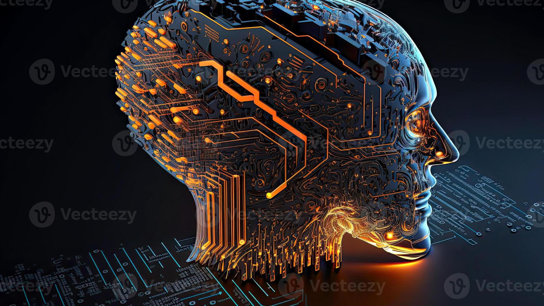 Artificial Intelligence in Humanoid Head with Neural Network, Digital Brain Learning Processing Big Data. Face of Cyber Mind. Technology and Space for Your Message. photo