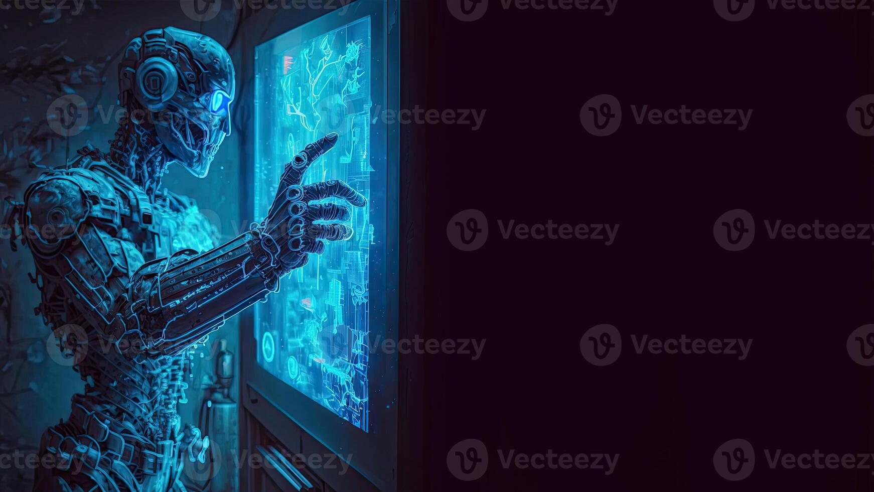 Robot operating virtual interface and manipulating elements with robotic hand. Blue holographic screen artificial intelligence concept. Robots control people in the near future. photo
