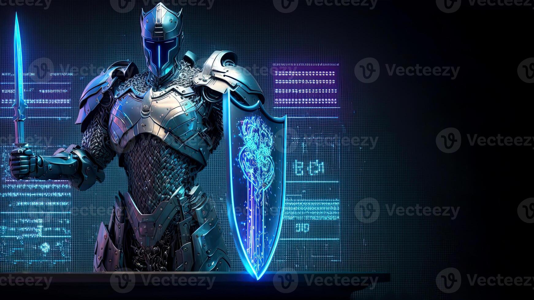 A Cyborg Holding a Futuristic Sword with Shield, Holographic Screen on Dark Background and Copy Space. Illustration. photo