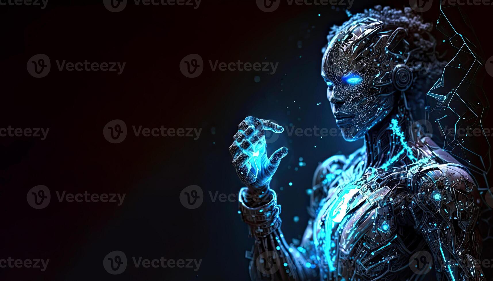 A Female Cyborg 3D illustration with Dramatic Futuristic Lighting in an Action Position. Banner Design with copy space. . photo