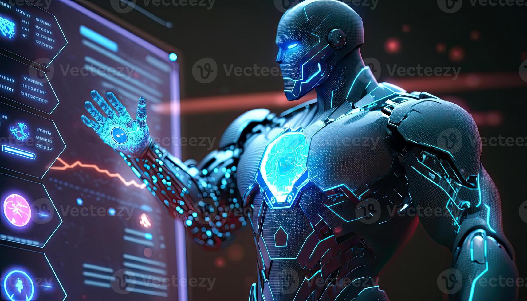 Cyborg Operating Information on Hologram Screen Showing Big Data. Artificial intelligence and Machine Learning Process Illustration. photo