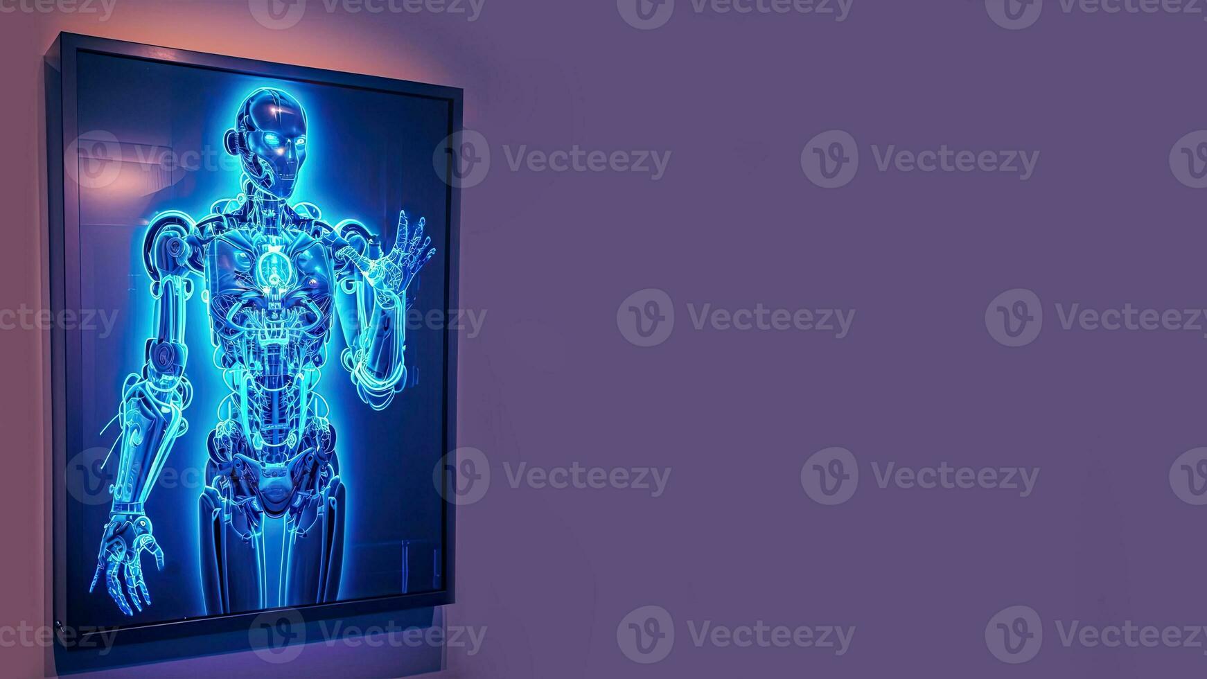 Artificial Intelligence in the form of a Digital Blue Wireframe Body Holographic Screen on Dark Background and Copy Space. photo