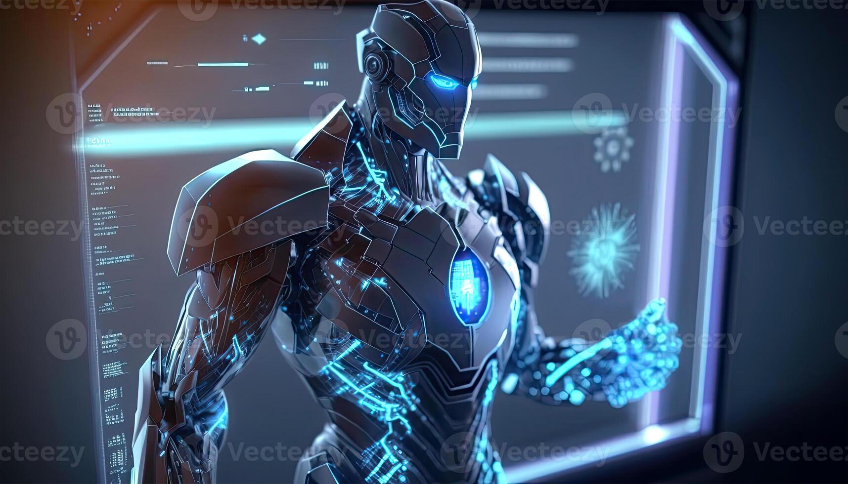 Robot Operating Virtual Interface and Manipulating Elements with Robotic hand. Holographic Screen Artificial Intelligence Concept. Robots Control People in the Near Future. photo