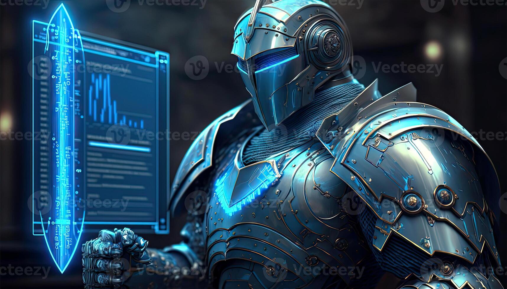 Robot operating virtual interface and manipulating elements with robotic hand. Blue holographic screen artificial intelligence concept. Robots control people in the near future. photo