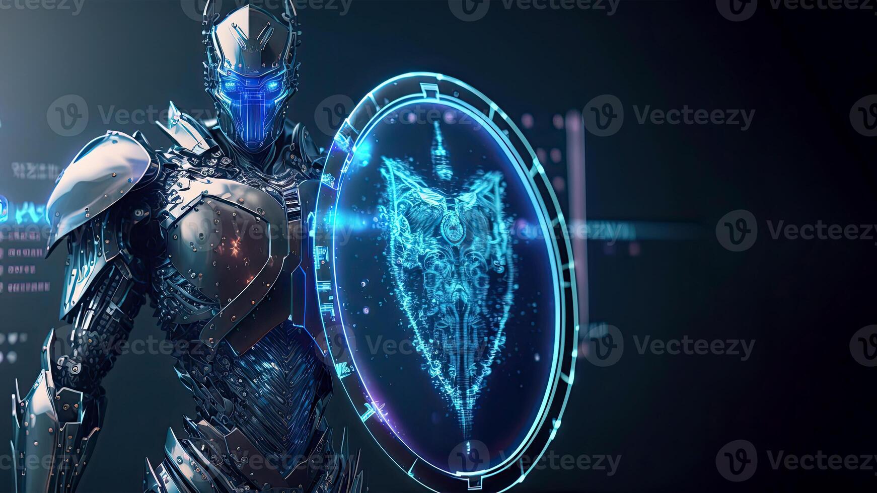 A Cyborg Holding a Futuristic Shied with Holographic Screen on Dark Background. Illustration. photo