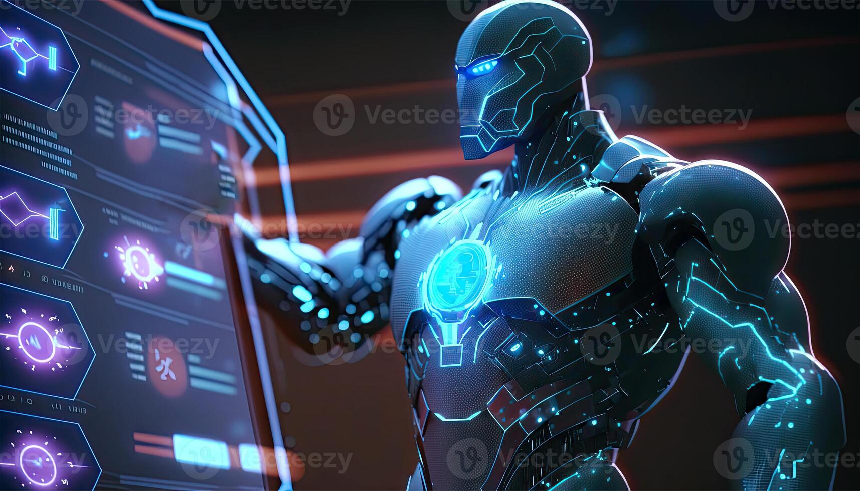 Cyborg Operating Information on Hologram Screen Showing Big Data. Artificial intelligence and Machine Learning Process Illustration. photo