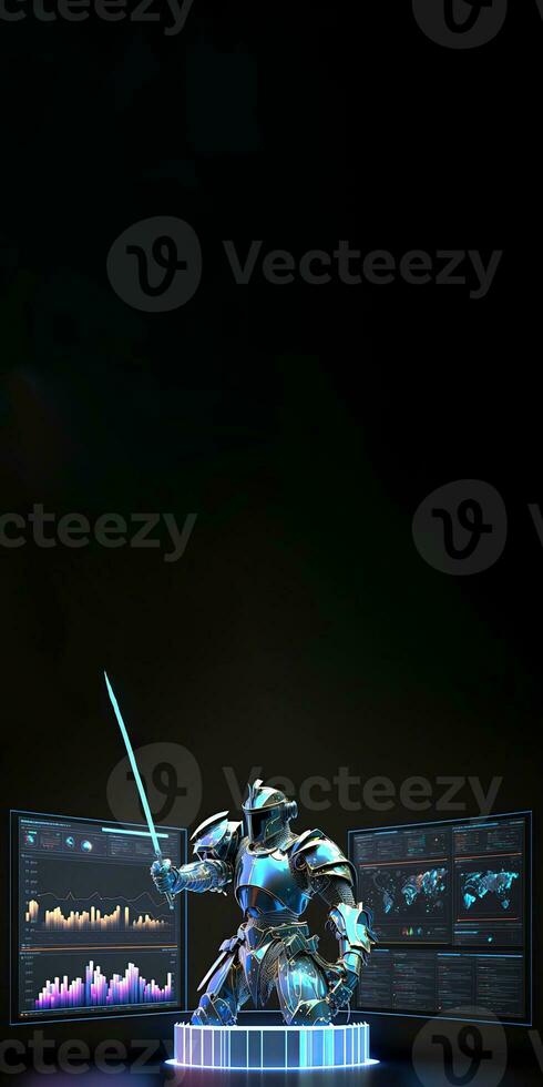 A Cyborg Holding a Futuristic Sword, Holographic Screen on Dark Background and Copy Space. Generative AI. photo