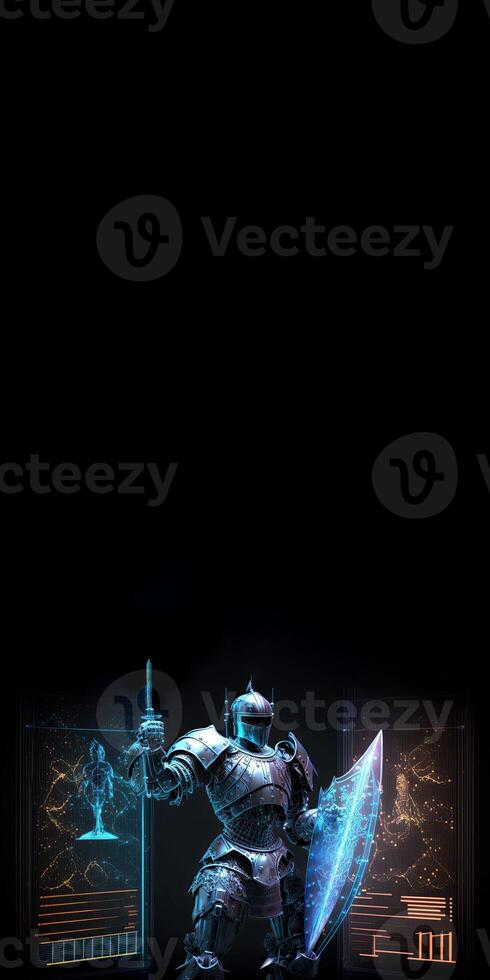 A Cyborg Holding a Futuristic Sword with Shield, Holographic Screen on Dark Background and Copy Space. . photo