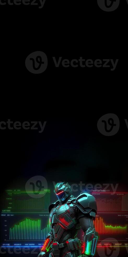 A Cyborg Standing Against Holographic Screen Background and Space for Your message. Illustration. photo