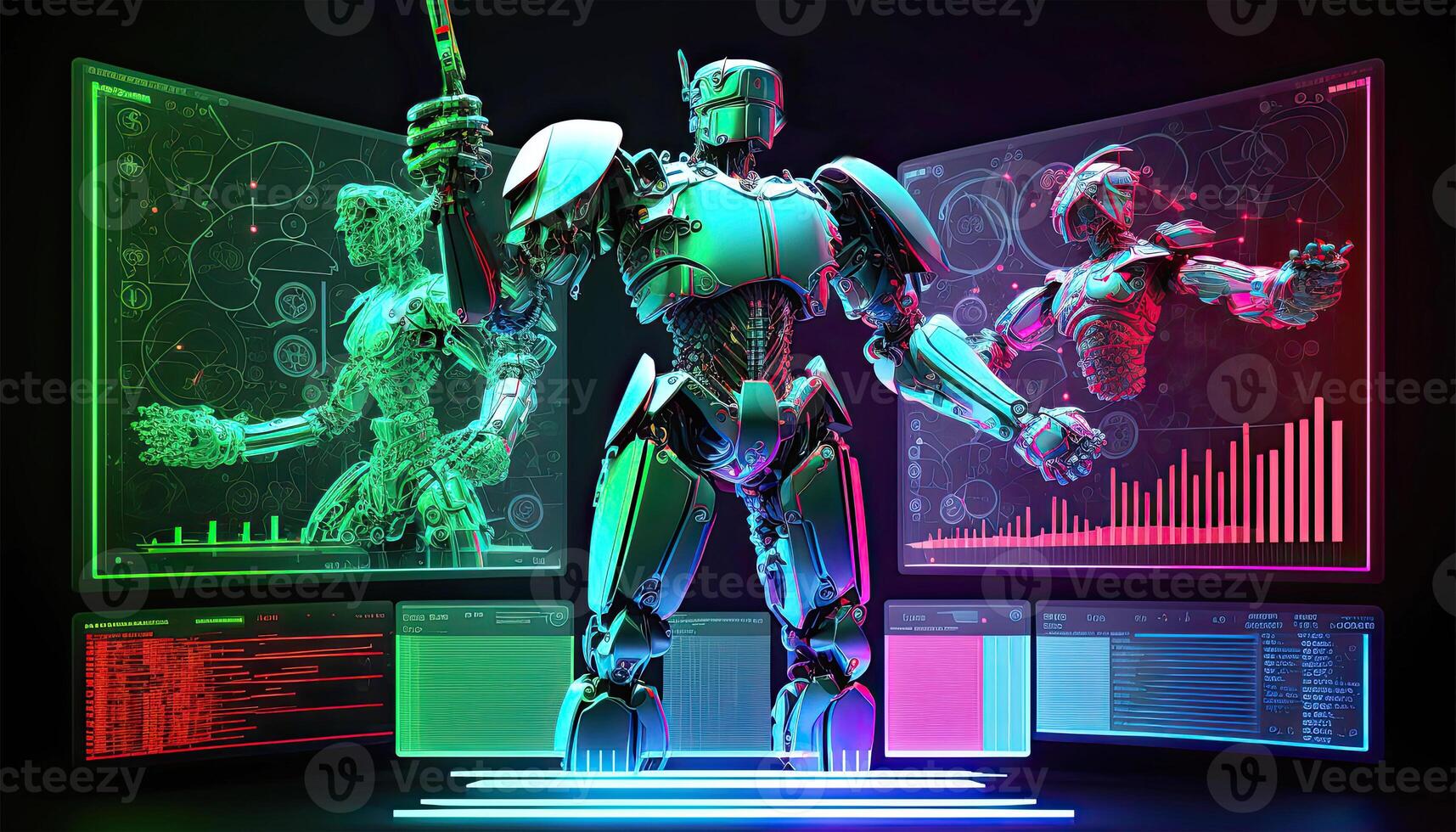 A Cyborg Avatar Holographic Screen on Dark Background. Illustration. photo