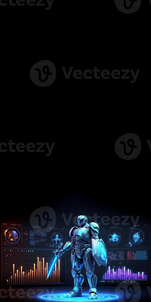 A Cyborg Holding a Futuristic Sword with Shield, Holographic Screen on Dark Background and Copy Space. . photo