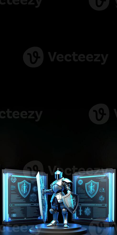 A Cyborg Holding a Futuristic Sword with Holographic Screen on Dark Background and Copy Space. . photo