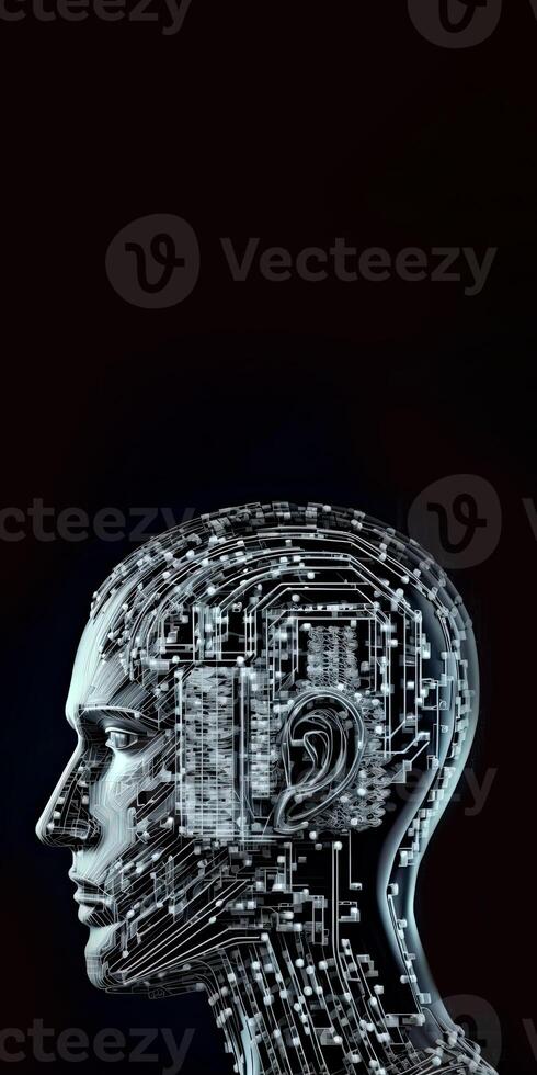 Artificial Intelligence in Humanoid Head with Neural Network, Digital Brain Learning Processing Big Data. Face of Cyber Mind. Technology and Space for Your Message. photo