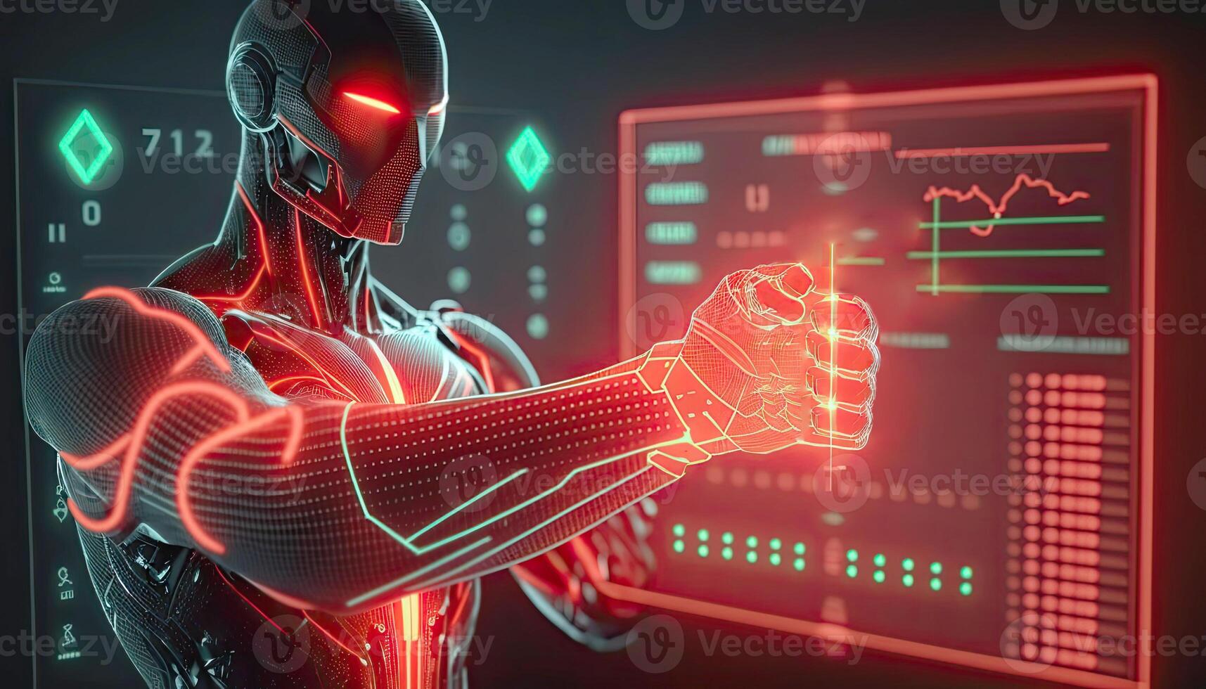 Cyborg Operating Information on Hologram Screen Showing Big Data. Artificial intelligence and Machine Learning Process Illustration. photo