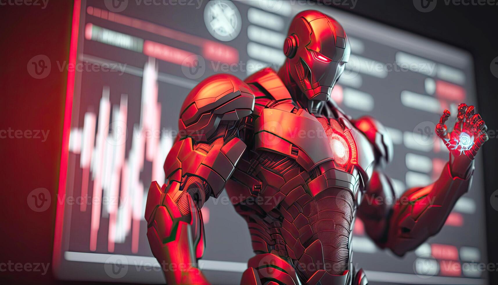 Robot Operating Virtual Interface and Manipulating Elements with Robotic hand. Holographic Screen Artificial Intelligence Concept. Robots Control People in the Near Future. photo