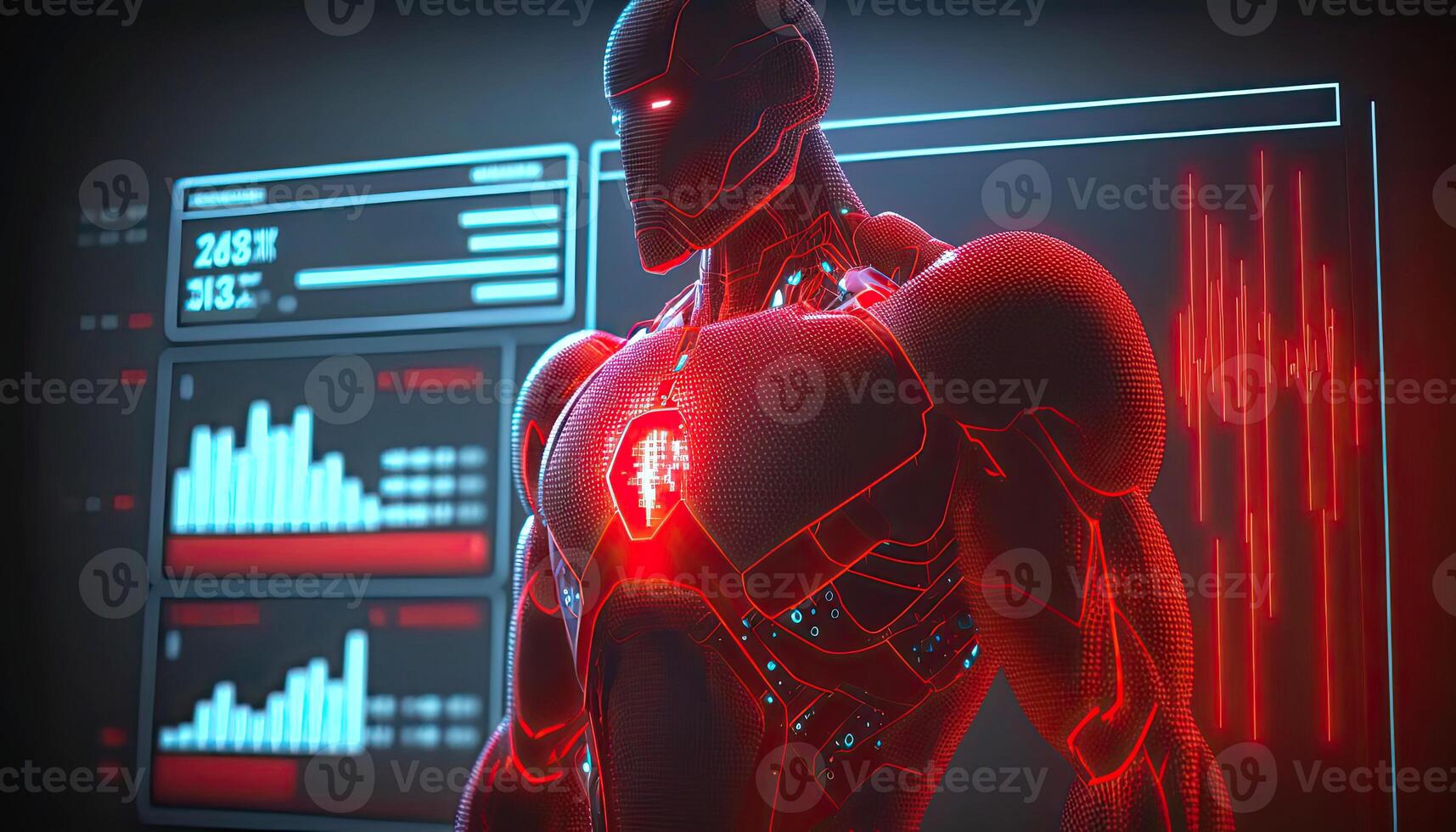 Robot Operating Virtual Interface and Manipulating Elements with Robotic hand. Holographic Screen Artificial Intelligence Concept. Robots Control People in the Near Future. Generative AI photo