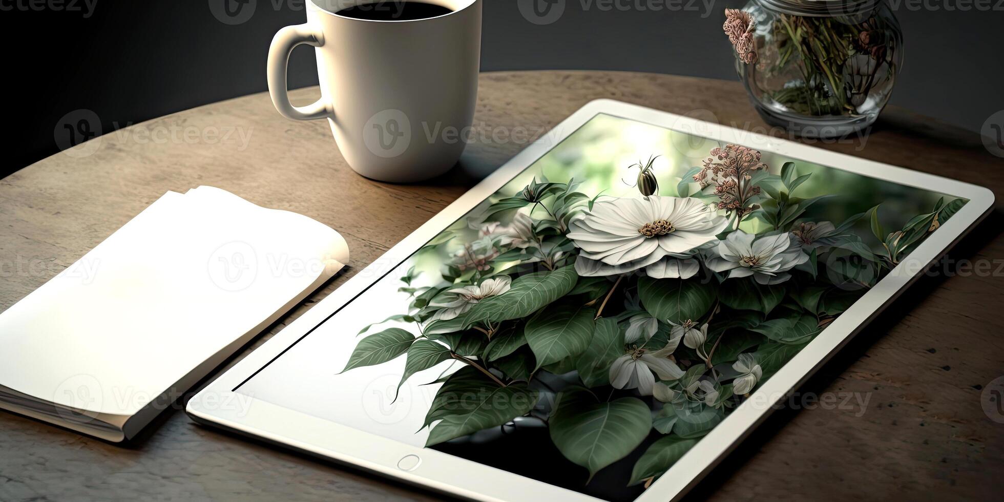 Top View Table Decoration of Floral Wallpaper Or Painting In Tablet with Blank Papers and Flower Pot on Brown Wooden Background. Illustration. photo