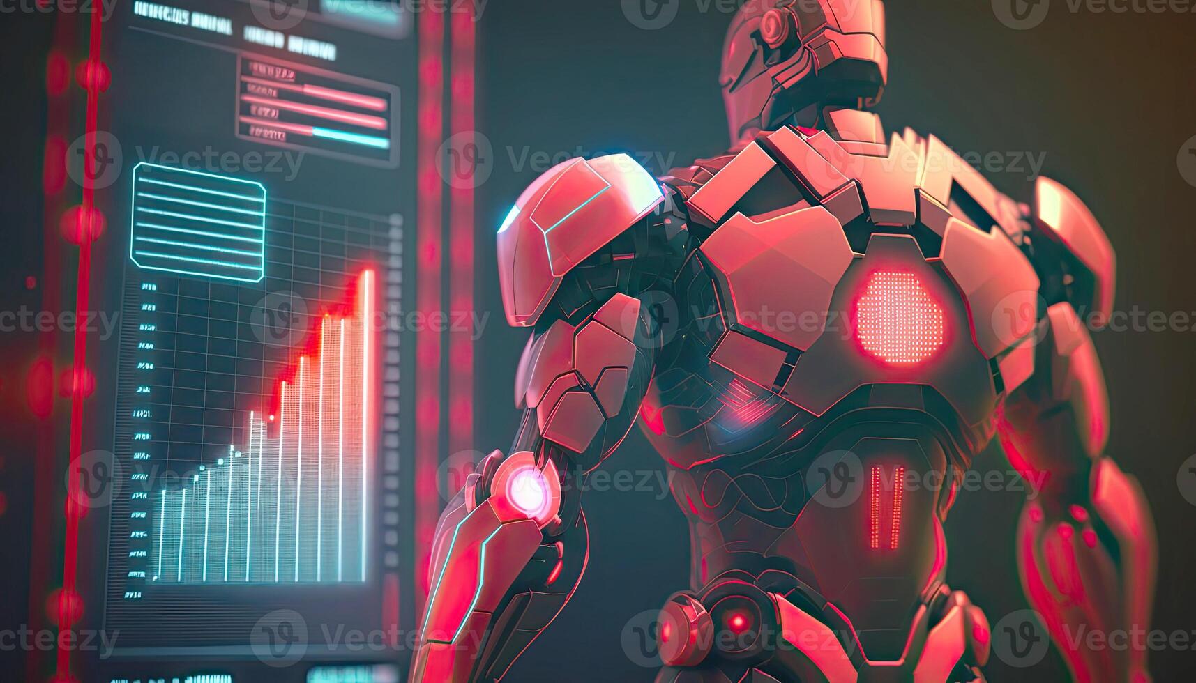 Back View of Cyborg Operating Information on Hologram Screen Showing Big Data. Artificial intelligence and Machine Learning Process Illustration. photo