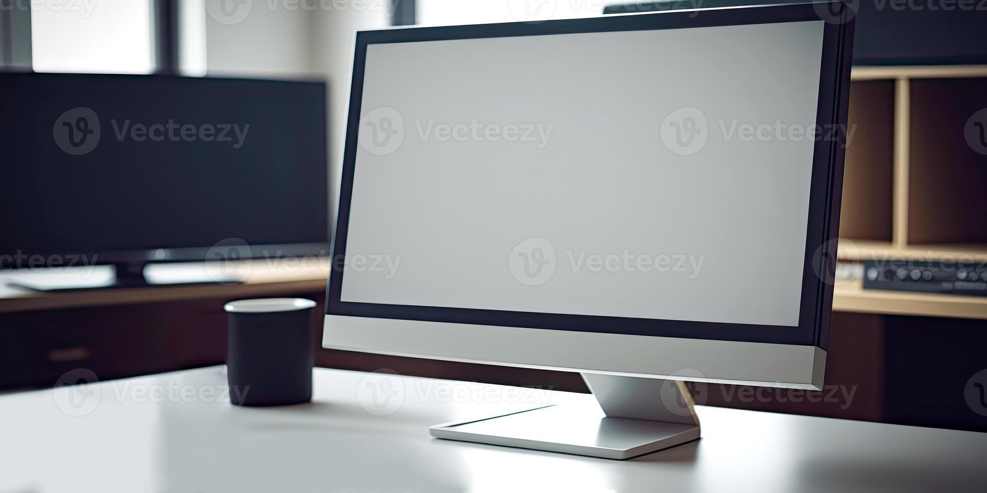 Close View of Modern Office Workplace Interior with Computer and Tea Cup on White Table at Blur Room. Illustration. photo