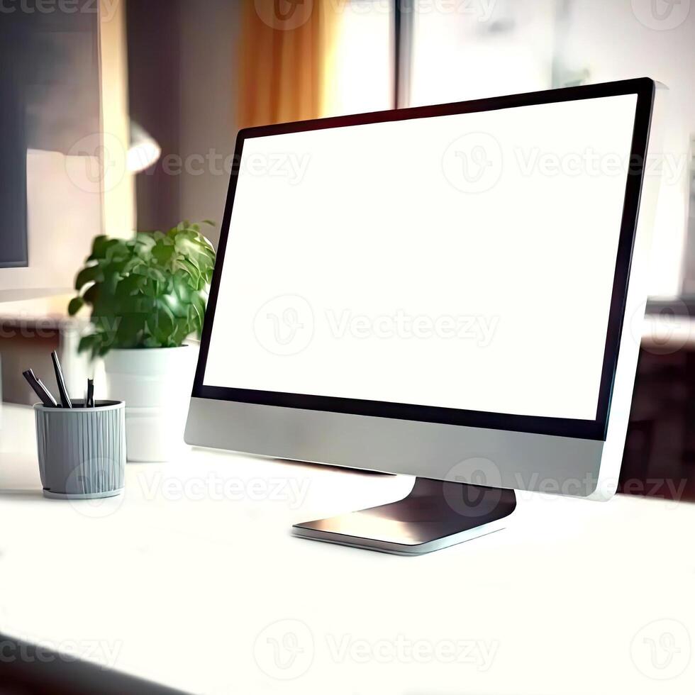 Computer mockup, Online advertising, Internet technology. Closeup View of Blank Screen Computer with Pen holder and Plant Pot on Worktable in Blur Room. Illustration. photo