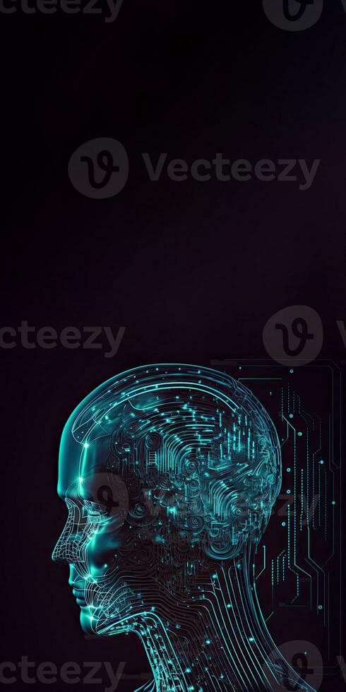 Artificial Intelligence in Humanoid Head with Neural Network, Digital Brain Learning Processing Big Data. Face of Cyber Mind. Generative AI Technology and Space for Your Message. photo
