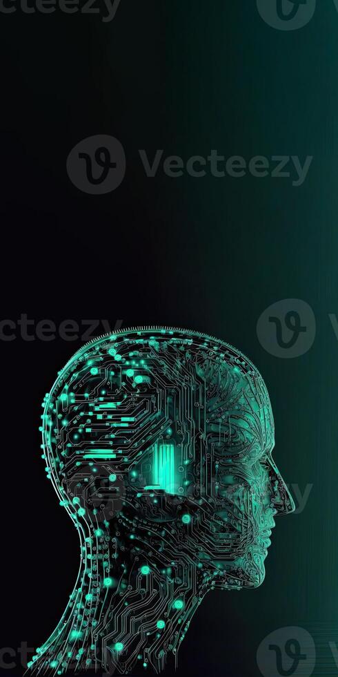Artificial Intelligence in Humanoid Head with Neural Network, Digital Brain Learning Processing Big Data. Face of Cyber Mind. Technology and Space for Your Message. photo