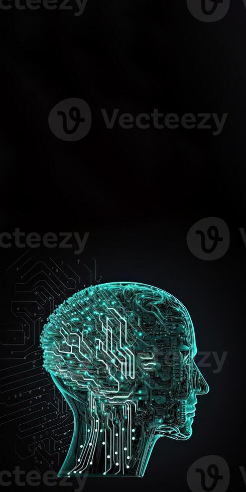 Artificial Intelligence in Humanoid Head with Neural Network, Digital Brain Learning Processing Big Data. Face of Cyber Mind. Technology and Space for Your Message. photo
