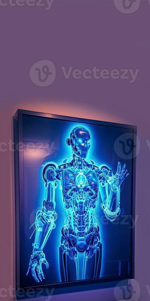 Artificial Intelligence in the form of a Digital Blue Wireframe Body Holographic Screen on Dark Background and Copy Space. photo