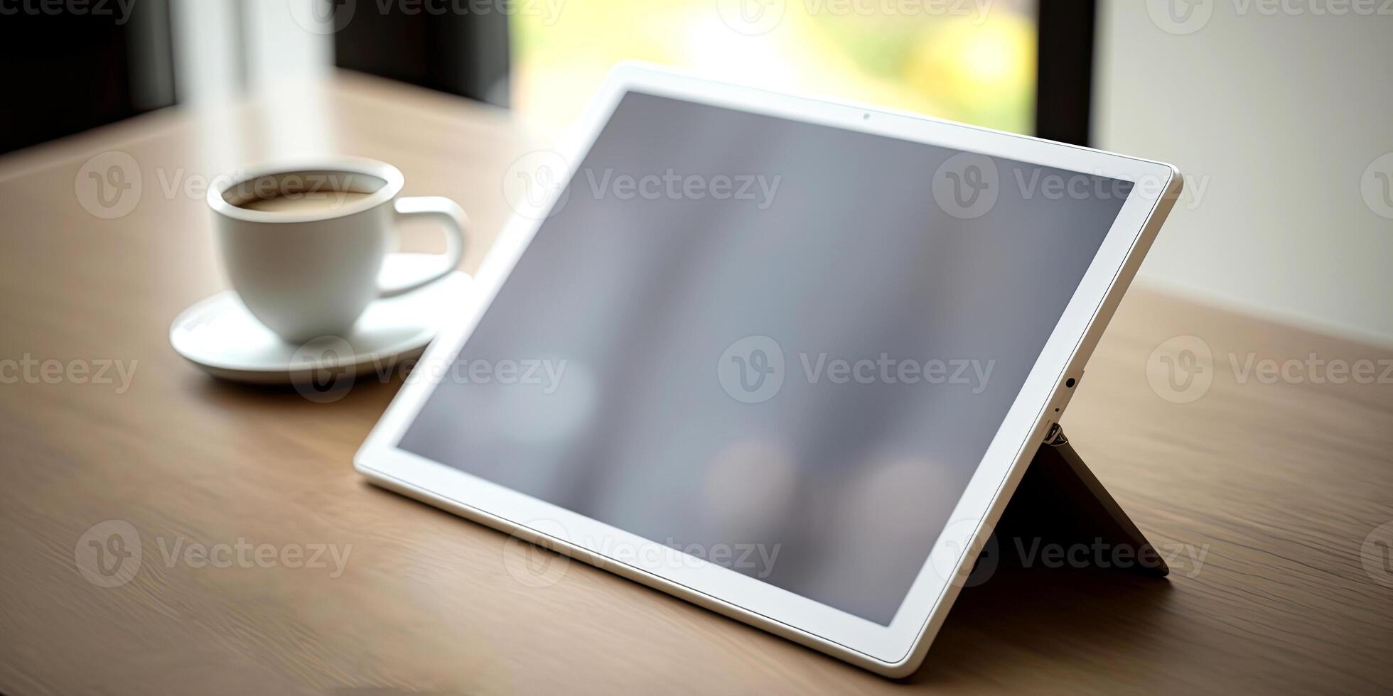 Modern Workplace Interior with Tablet, Tea Cup on Brown Wooden Table. Illustration. photo