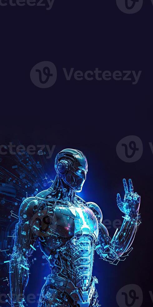 A Cyborg 3D illustration with Dramatic Futuristic Blue Lighting in an Action Position. Standee Banner Design with Copy Space. . photo